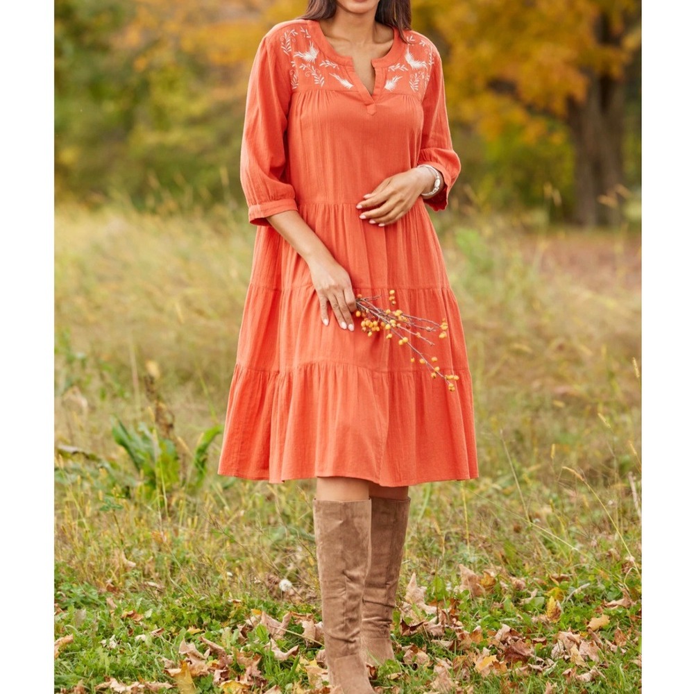 The Vermont Country Store Embroidered Leaves Tiered Cotton Dress Size XL